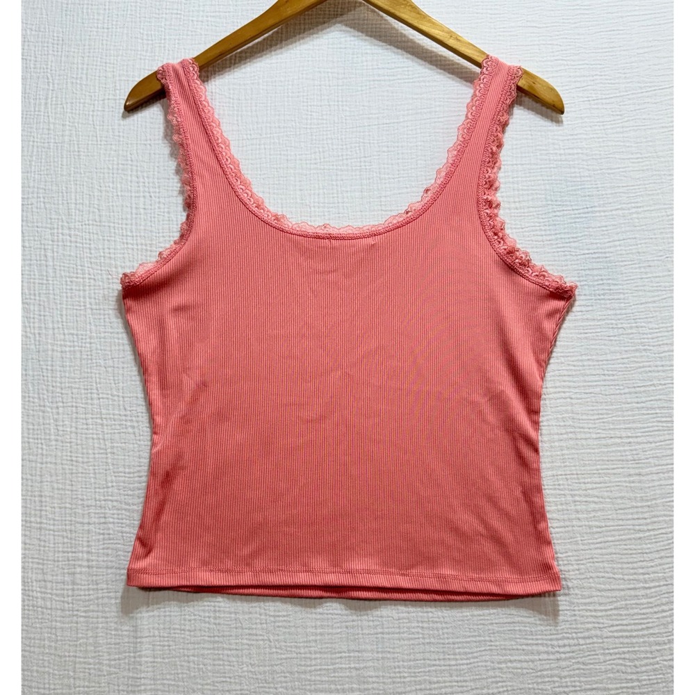 Heart &‎ Hips Tank Top Womens Large Coral Pink Lace Trim Ribbed Y2K Romantic - Picture 2 of 7